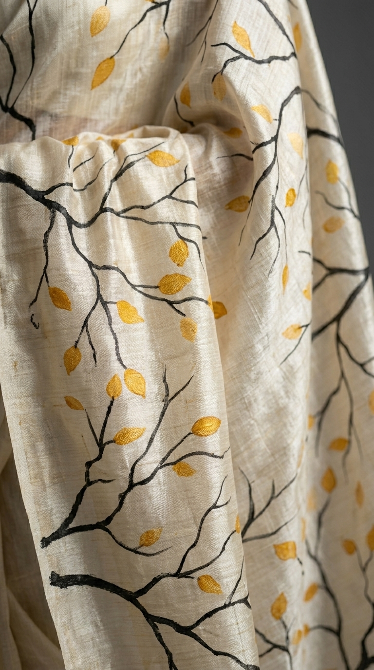 Enchanted Branches Hand-Painted Pure Tussar Silk Saree