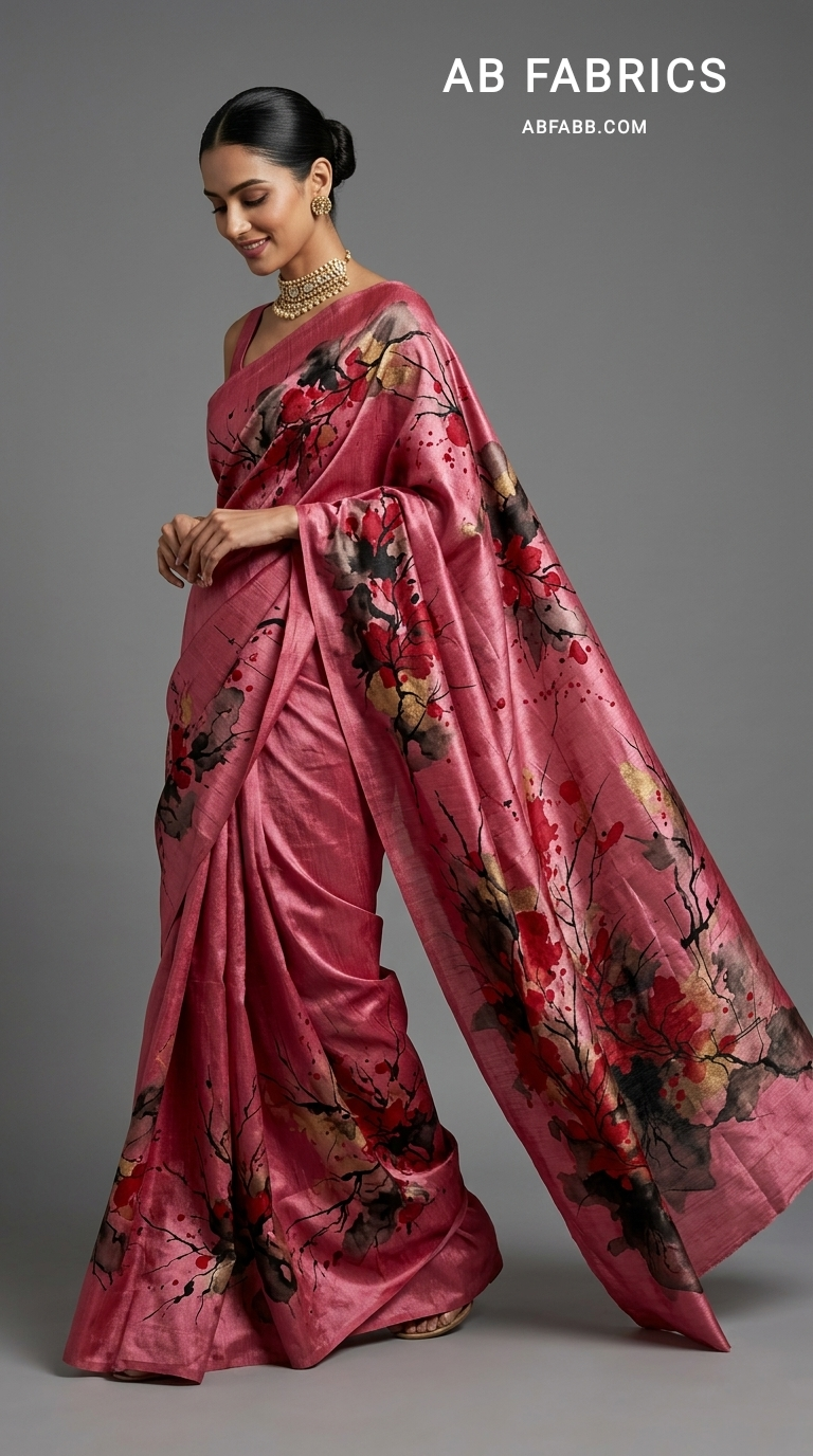 Crimson Blossom Symphony Hand Painted Pure Tussar Silk Saree
