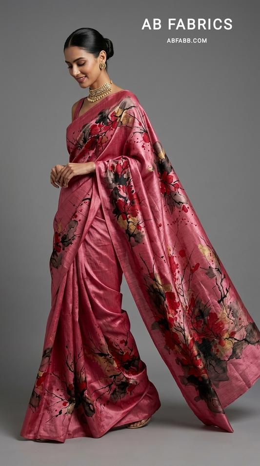 Crimson Blossom Symphony Hand Painted Pure Tussar Silk Saree