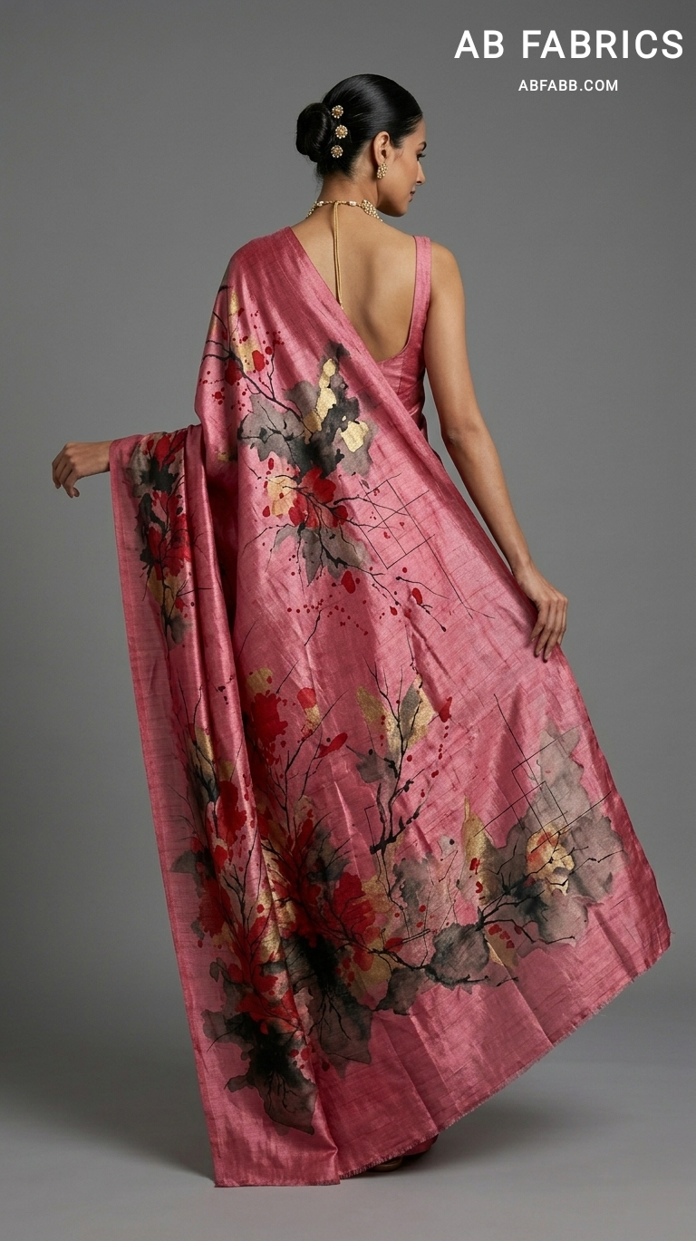 Crimson Blossom Symphony Hand Painted Pure Tussar Silk Saree