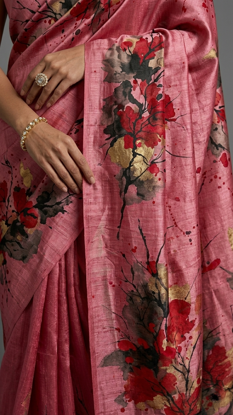 Crimson Blossom Symphony Hand Painted Pure Tussar Silk Saree