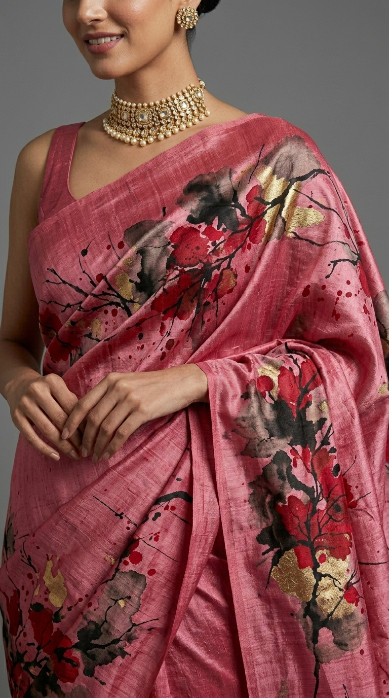 Crimson Blossom Symphony Hand Painted Pure Tussar Silk Saree