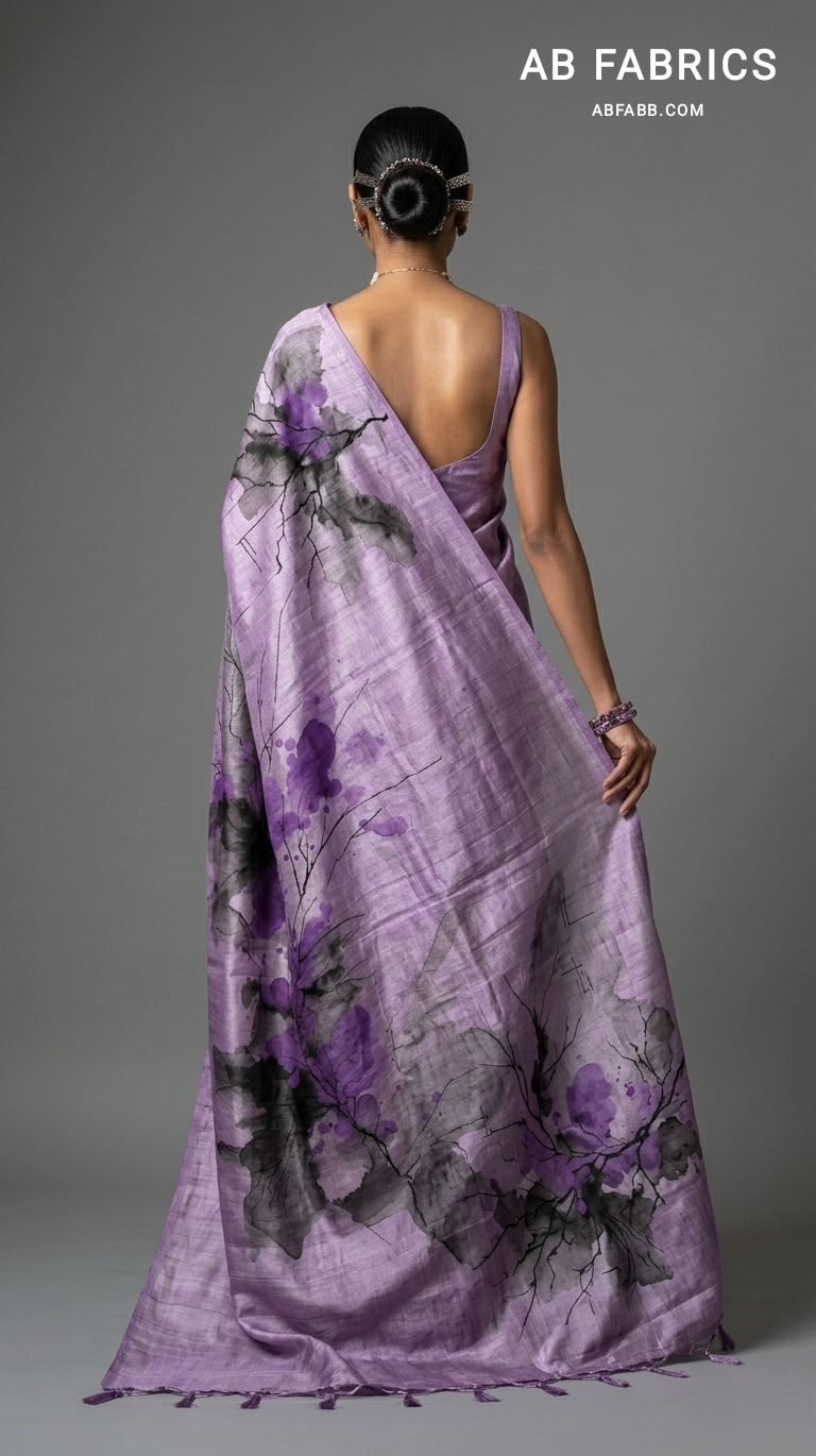 Lavender Twilight Bloom Hand-Painted Pure Tussar Silk Saree