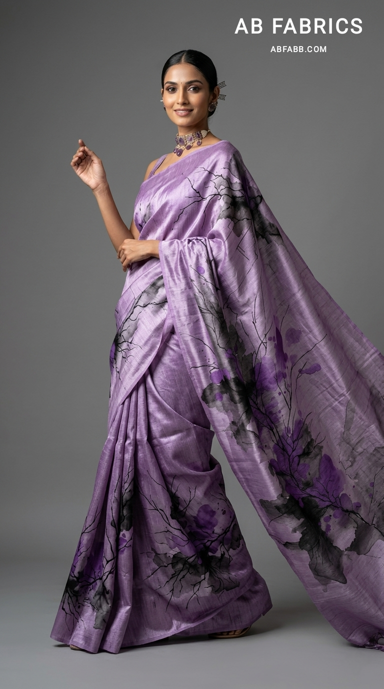 Lavender Twilight Bloom Hand-Painted Pure Tussar Silk Saree