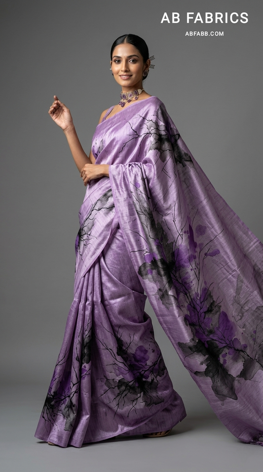 Lavender Twilight Bloom Hand-Painted Pure Tussar Silk Saree