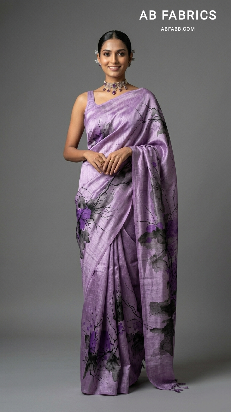 Lavender Twilight Bloom Hand-Painted Pure Tussar Silk Saree