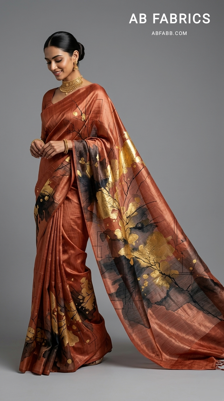 Golden Ember Blossom Hand-Painted Pure Tussar Silk Saree