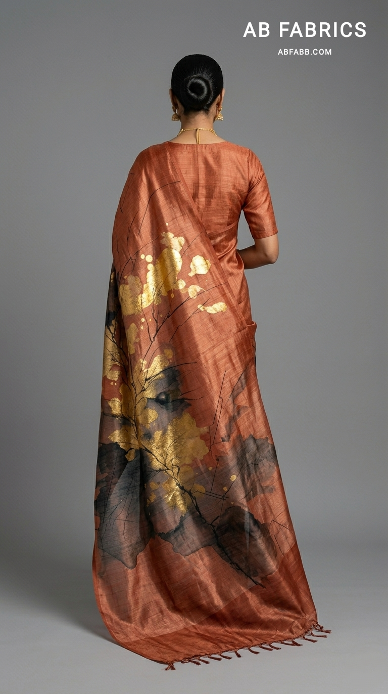 Golden Ember Blossom Hand-Painted Pure Tussar Silk Saree