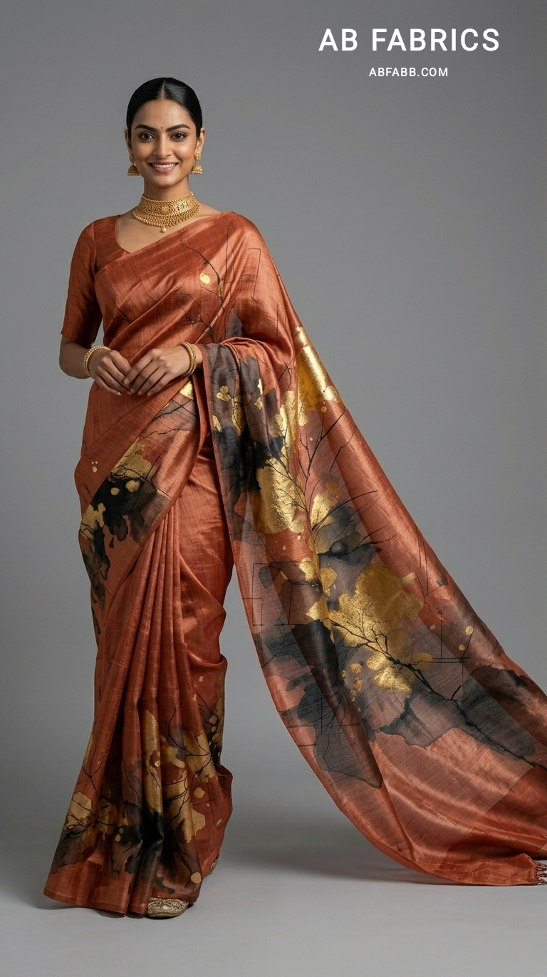 Golden Ember Blossom Hand-Painted Pure Tussar Silk Saree