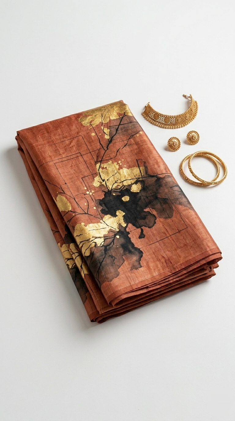 Golden Ember Blossom Hand-Painted Pure Tussar Silk Saree