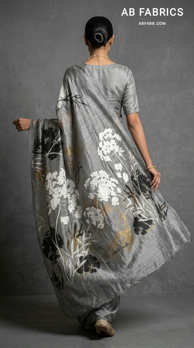 Silver Meadow Bloom Hand-Painted Pure Tussar Silk Saree