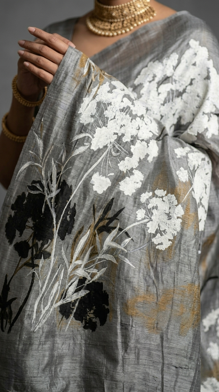 Silver Meadow Bloom Hand-Painted Pure Tussar Silk Saree