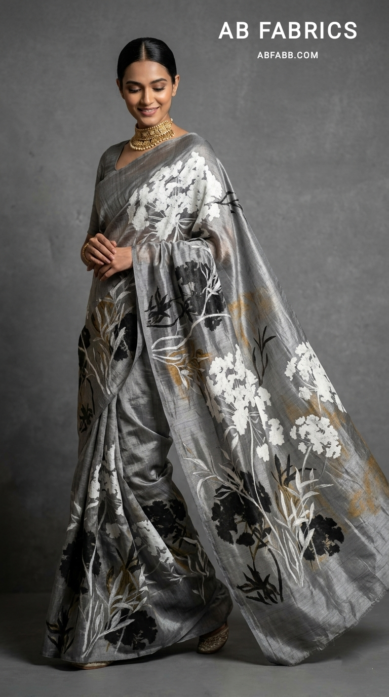 Silver Meadow Bloom Hand-Painted Pure Tussar Silk Saree