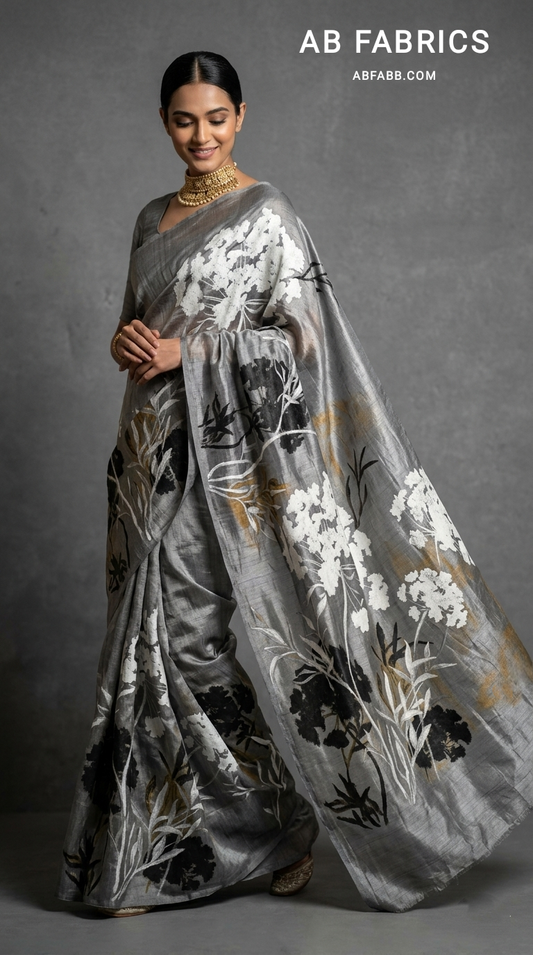 Silver Meadow Bloom Hand-Painted Pure Tussar Silk Saree