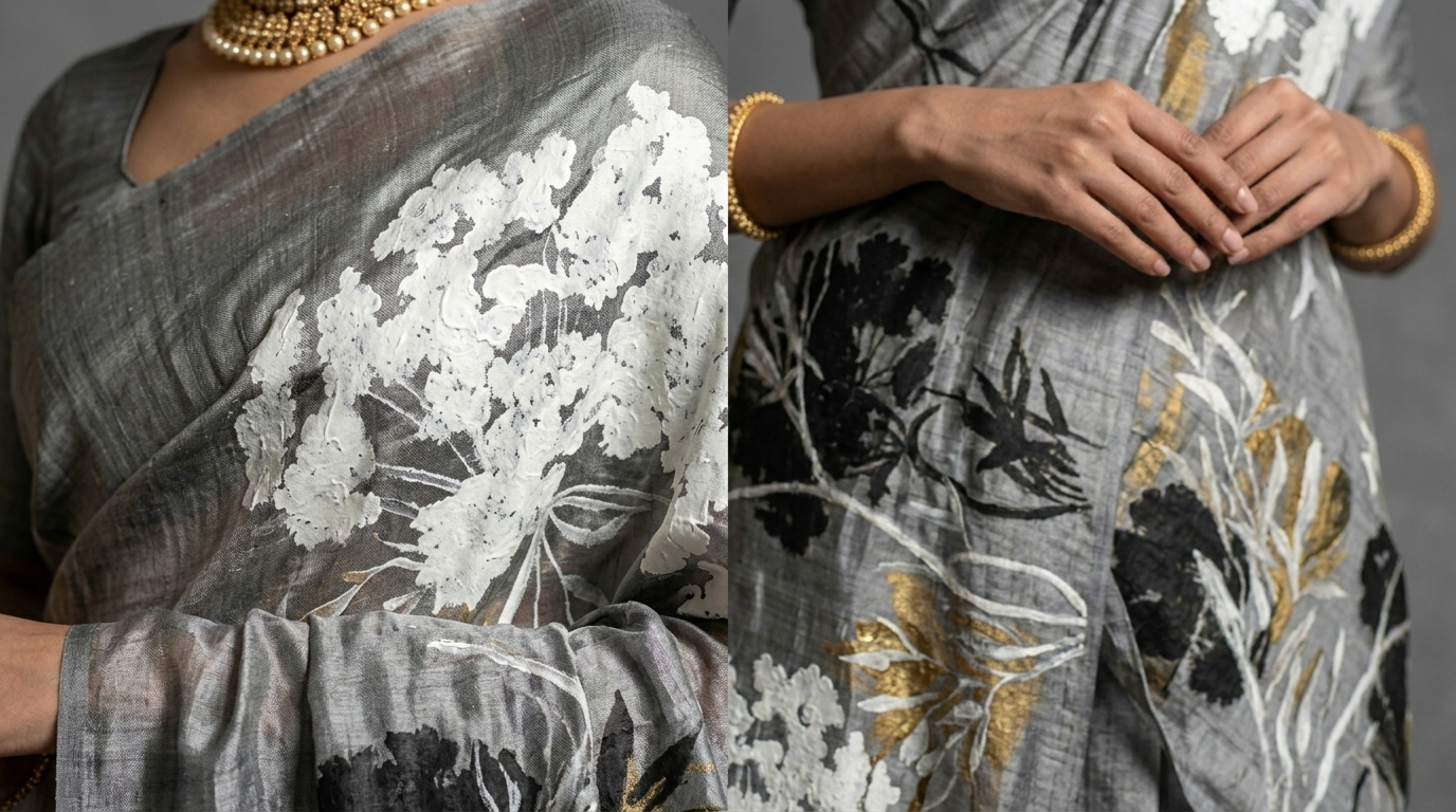 Silver Meadow Bloom Hand-Painted Pure Tussar Silk Saree