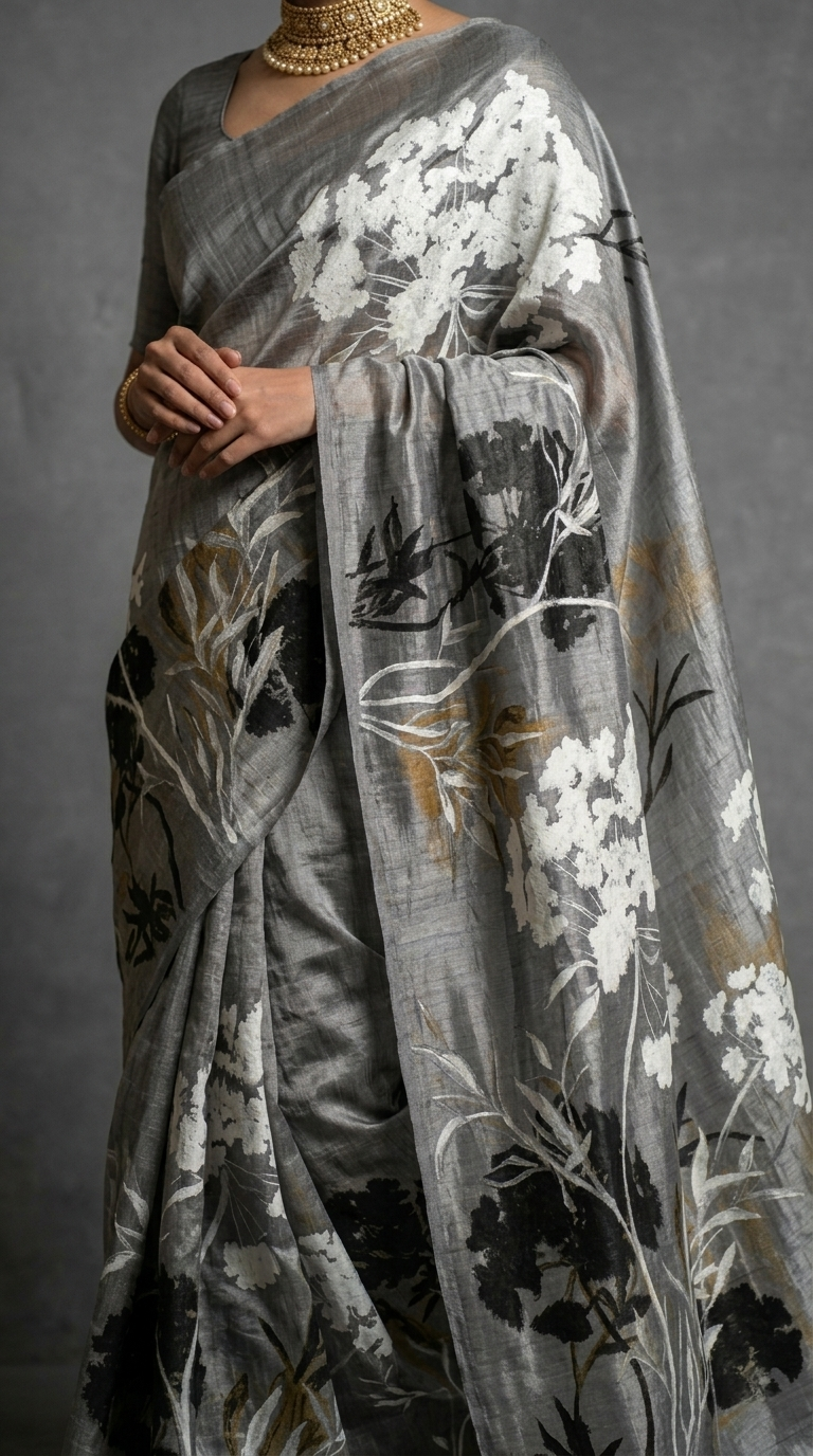 Silver Meadow Bloom Hand-Painted Pure Tussar Silk Saree