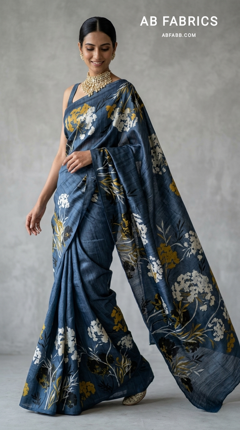 Midnight Blue Wildflower Bloom Hand-Painted Pure Tussar Silk Saree
