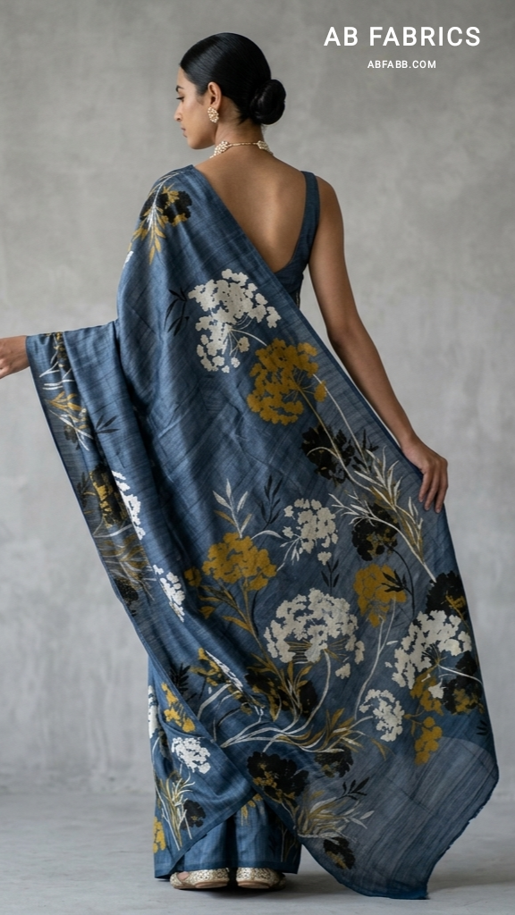 Midnight Blue Wildflower Bloom Hand-Painted Pure Tussar Silk Saree