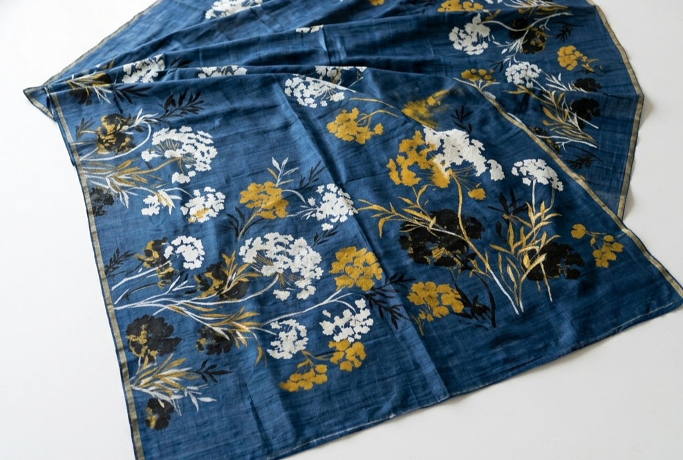 Midnight Blue Wildflower Bloom Hand-Painted Pure Tussar Silk Saree