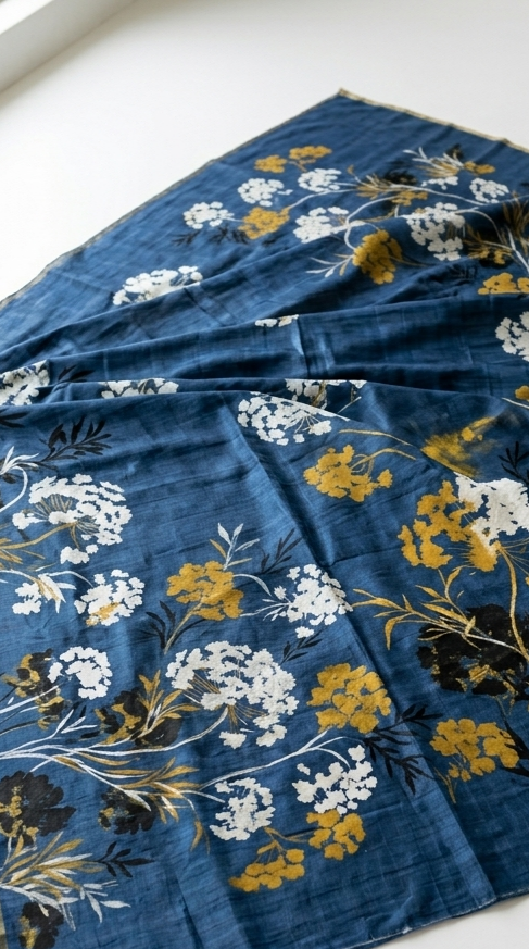 Midnight Blue Wildflower Bloom Hand-Painted Pure Tussar Silk Saree
