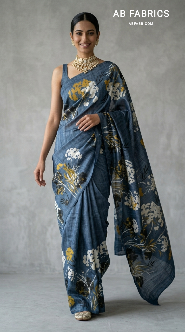 Midnight Blue Wildflower Bloom Hand-Painted Pure Tussar Silk Saree