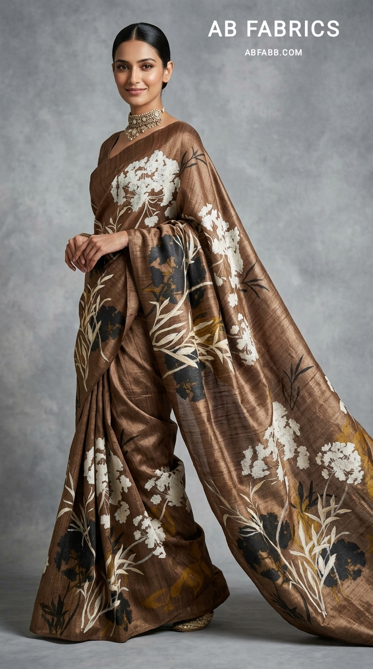 Mocha Brown Wildflower Symphony Hand-Painted Pure Tussar Silk Saree