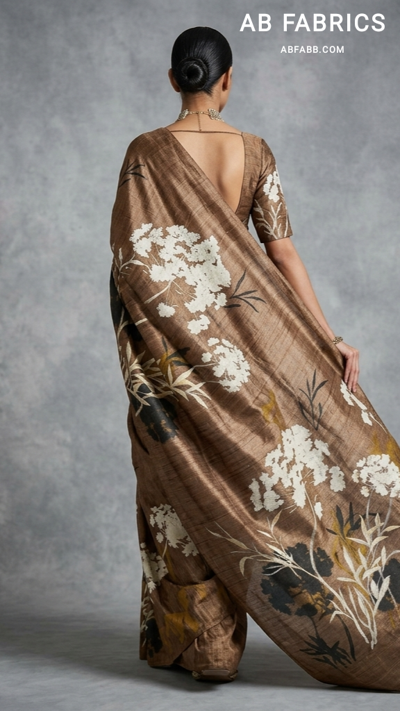 Mocha Brown Wildflower Symphony Hand-Painted Pure Tussar Silk Saree