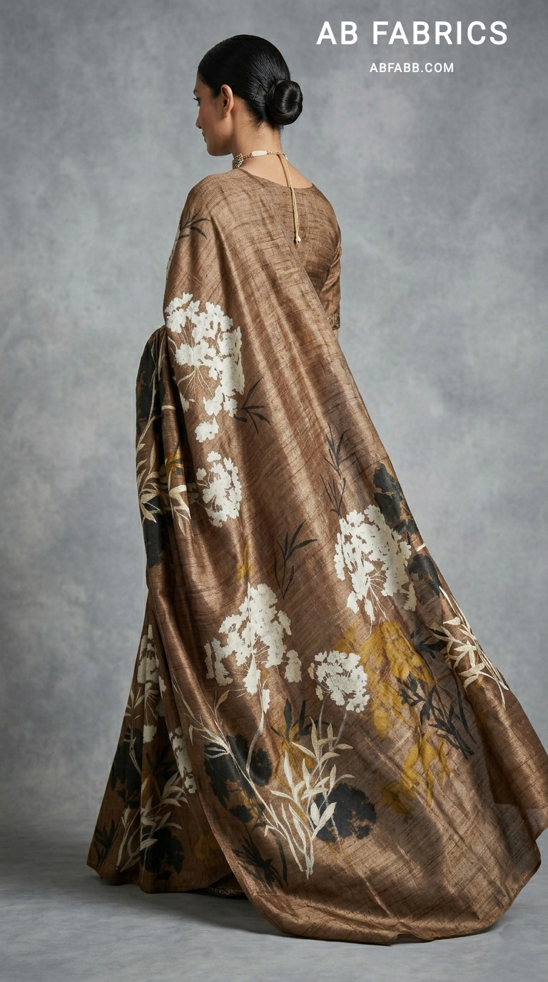 Mocha Brown Wildflower Symphony Hand-Painted Pure Tussar Silk Saree