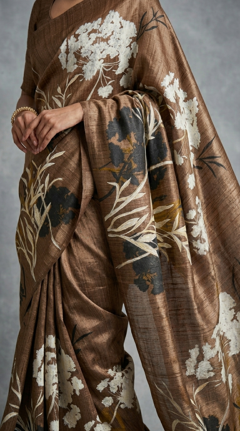 Mocha Brown Wildflower Symphony Hand-Painted Pure Tussar Silk Saree