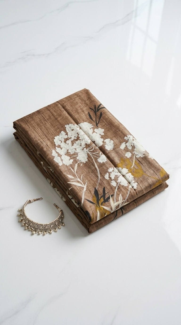 Mocha Brown Wildflower Symphony Hand-Painted Pure Tussar Silk Saree