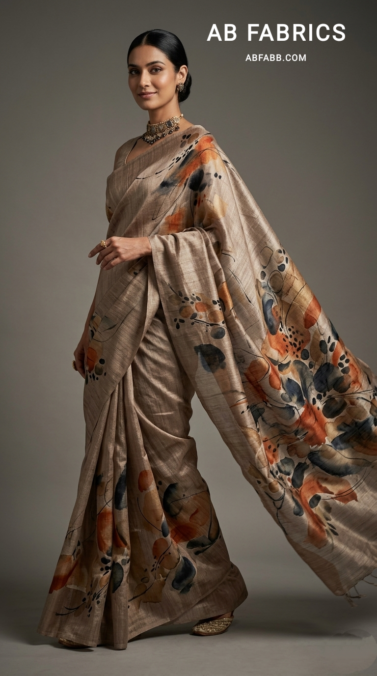 Taupe Sand Desert Bloom Hand-Painted Pure Tussar Silk Saree