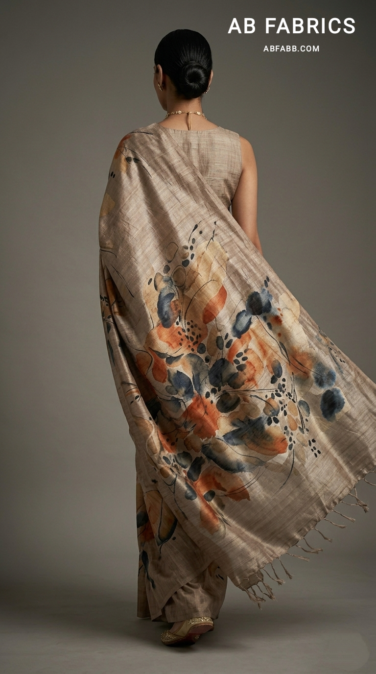Taupe Sand Desert Bloom Hand-Painted Pure Tussar Silk Saree