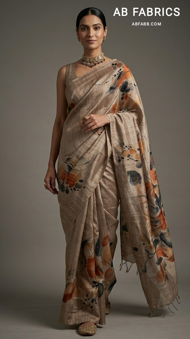 Taupe Sand Desert Bloom Hand-Painted Pure Tussar Silk Saree