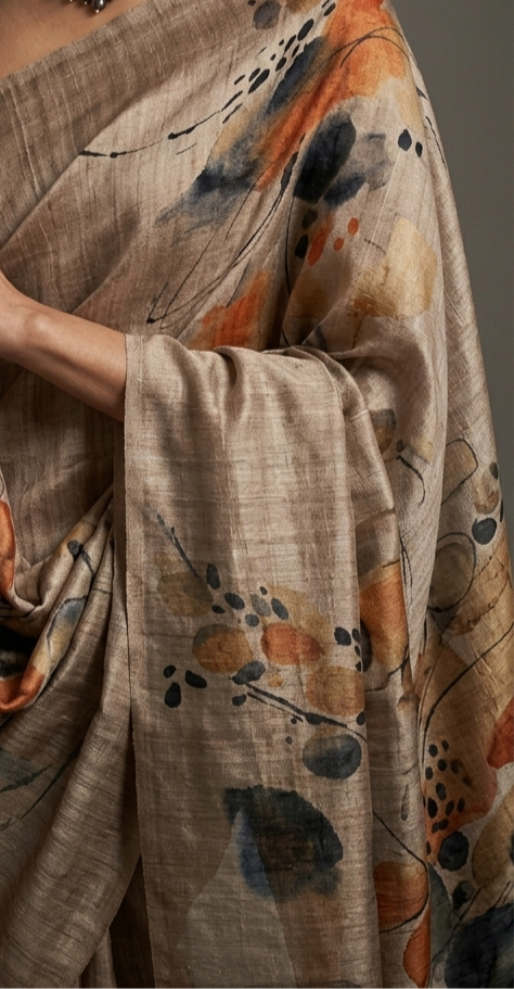 Taupe Sand Desert Bloom Hand-Painted Pure Tussar Silk Saree
