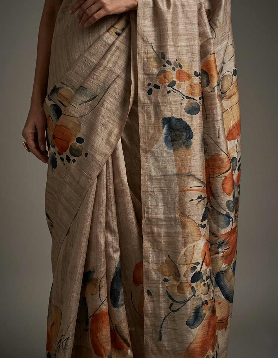 Taupe Sand Desert Bloom Hand-Painted Pure Tussar Silk Saree