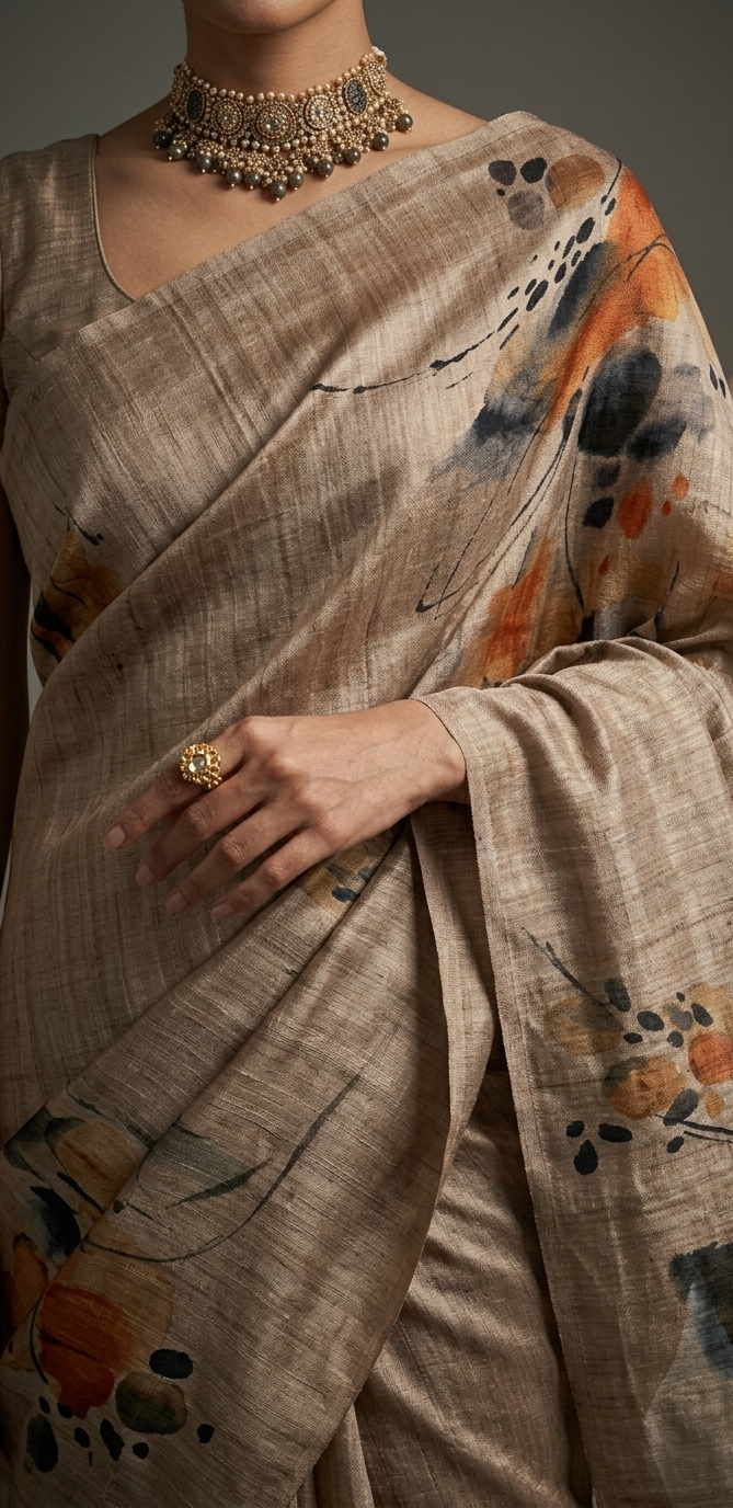 Taupe Sand Desert Bloom Hand-Painted Pure Tussar Silk Saree