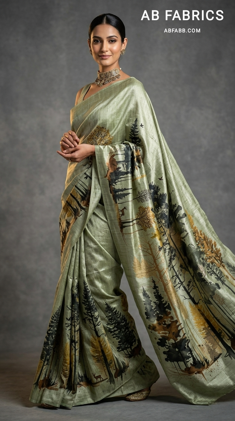 Sage Green Serenity Hand-Painted Pure Tussar Silk Saree
