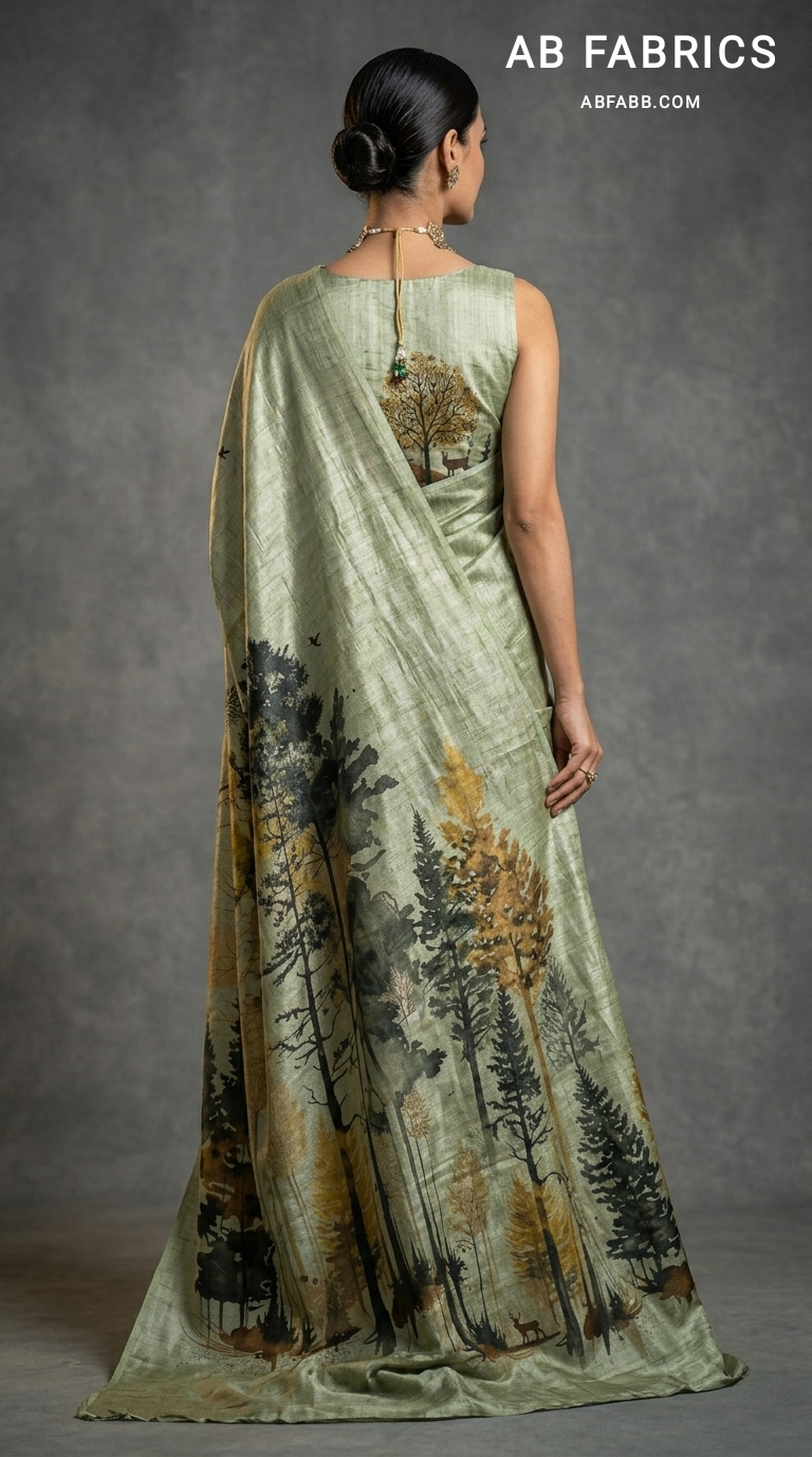 Sage Green Serenity Hand-Painted Pure Tussar Silk Saree