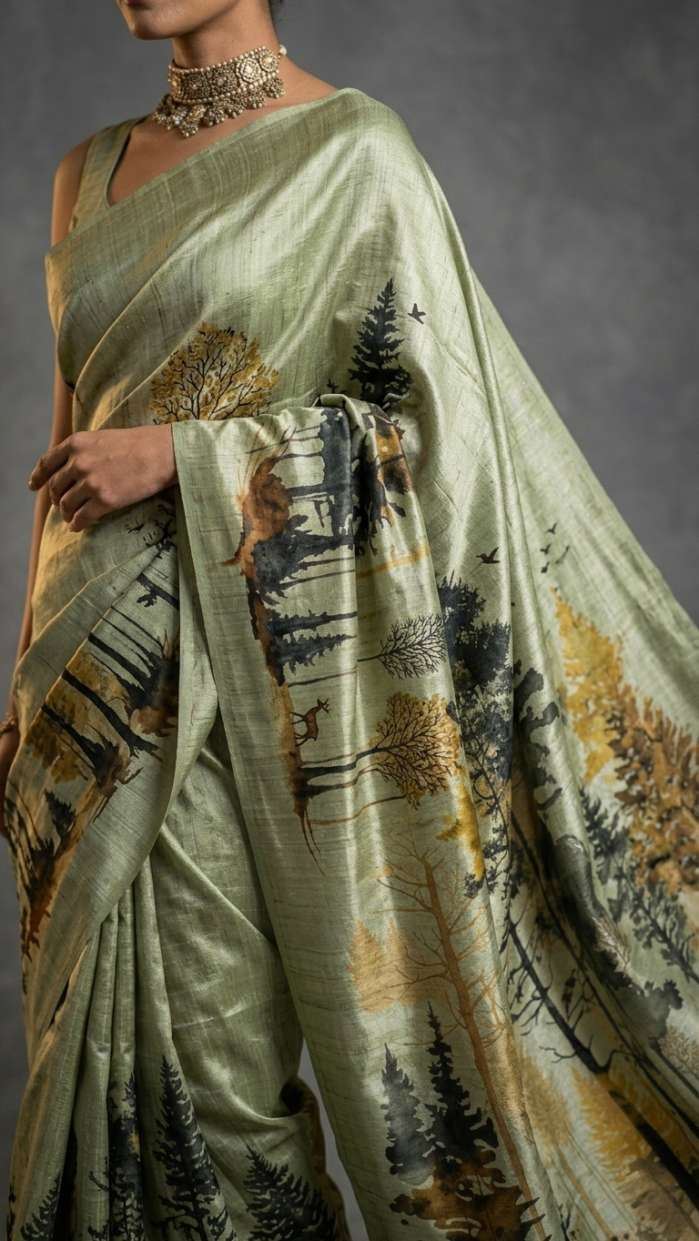 Sage Green Serenity Hand-Painted Pure Tussar Silk Saree