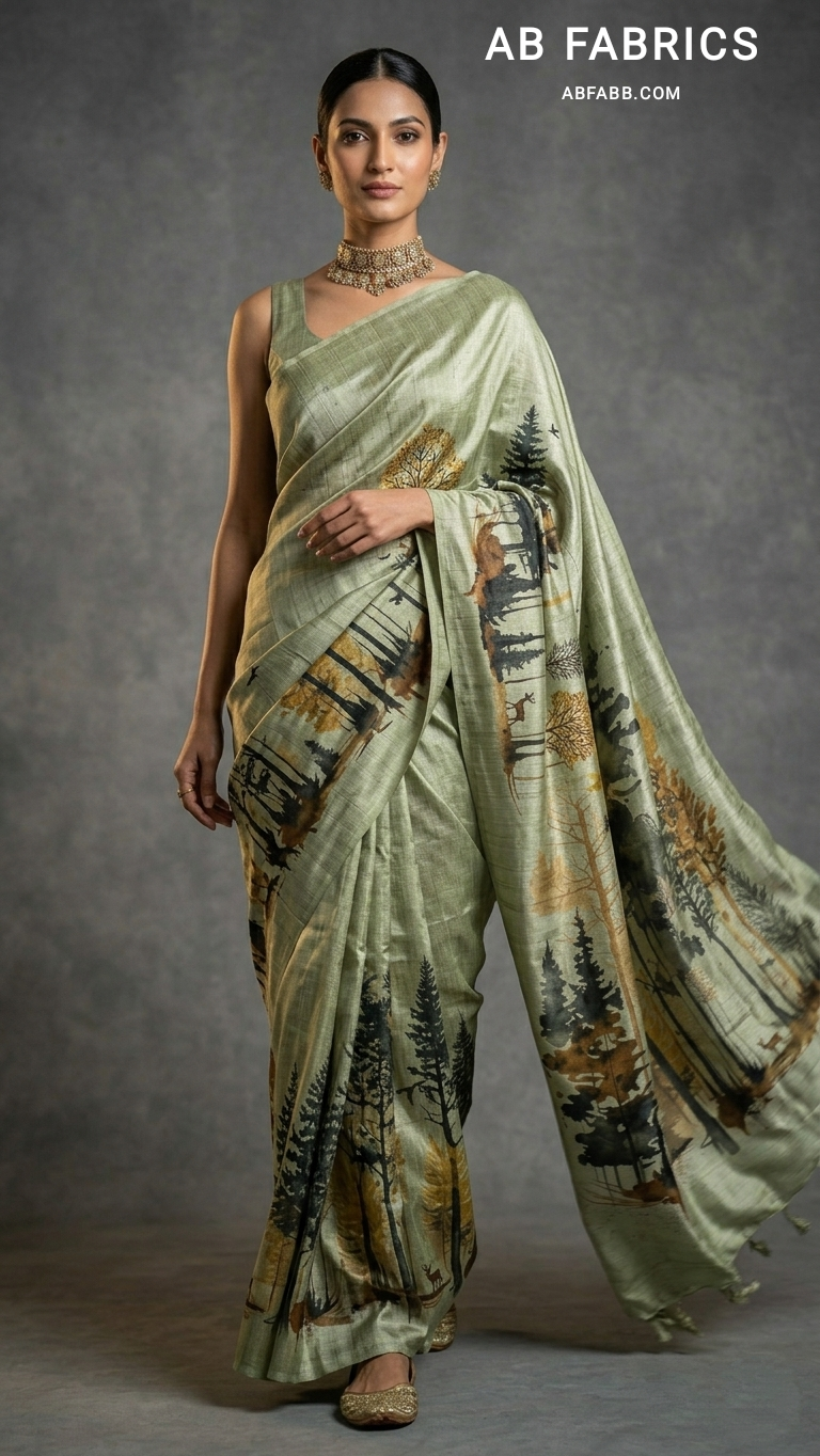 Sage Green Serenity Hand-Painted Pure Tussar Silk Saree