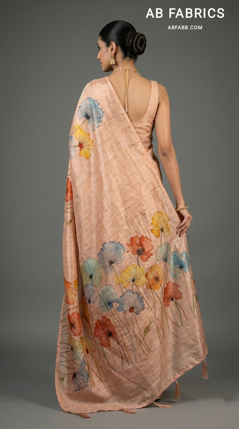 Pastel Peach Floral Whisper Hand-Painted Pure Tussar Silk Saree