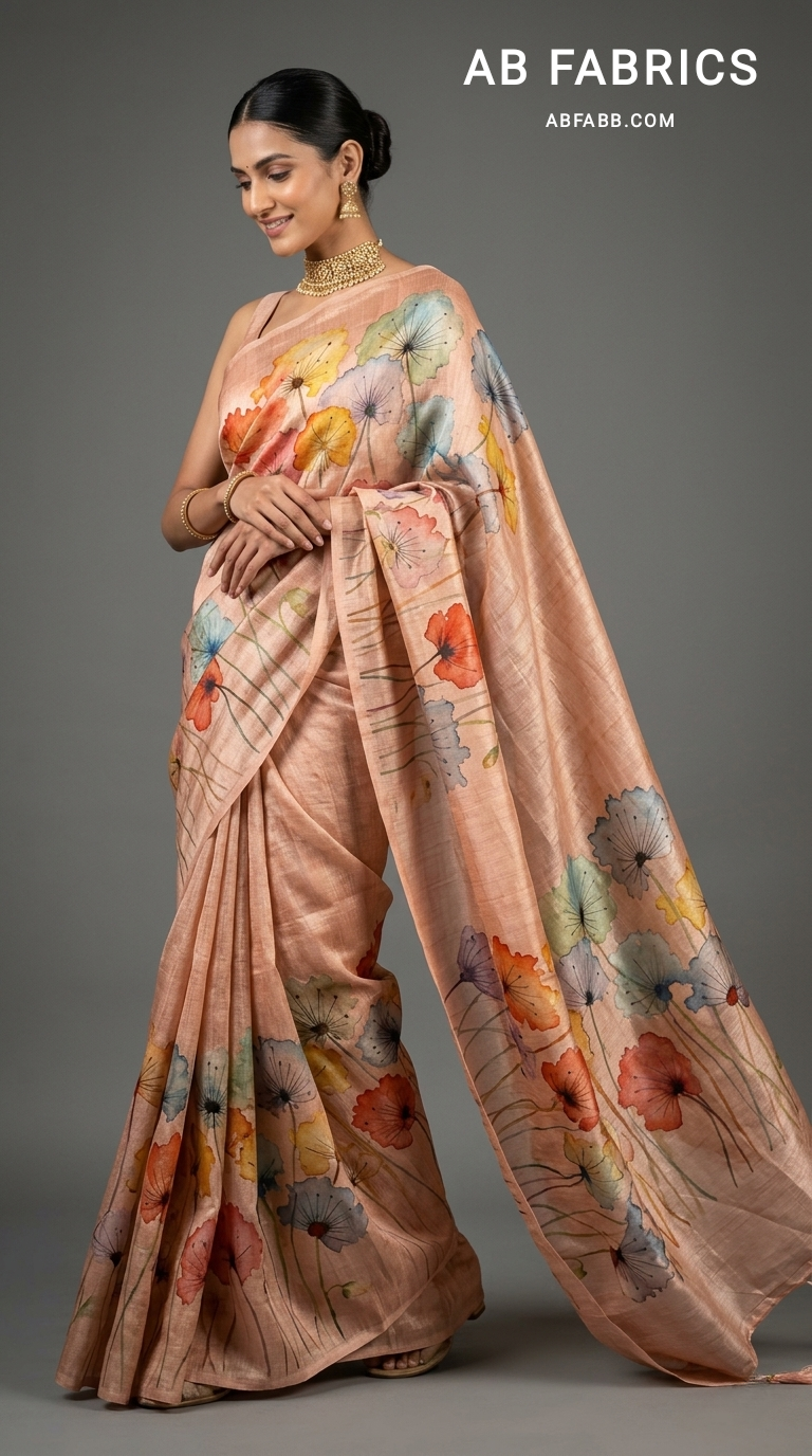Pastel Peach Floral Whisper Hand-Painted Pure Tussar Silk Saree