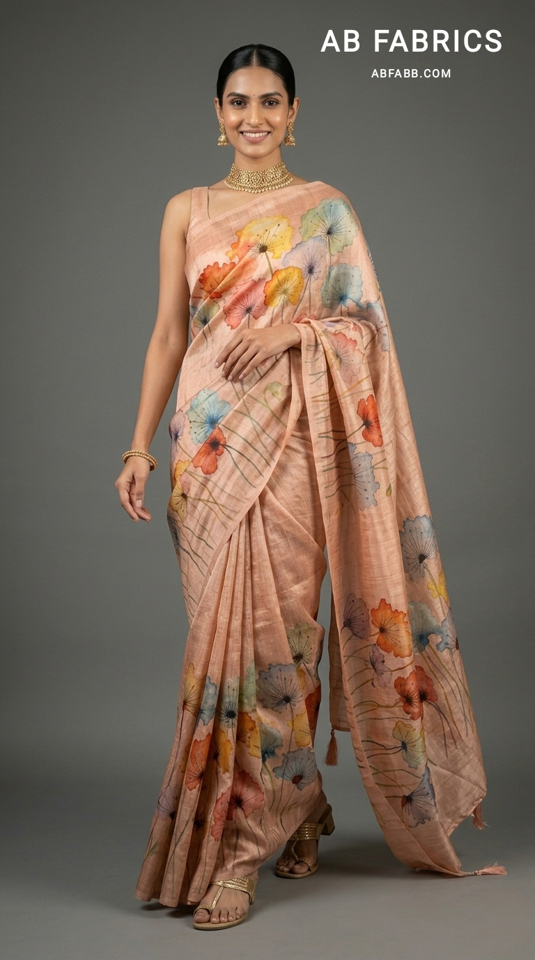 Pastel Peach Floral Whisper Hand-Painted Pure Tussar Silk Saree