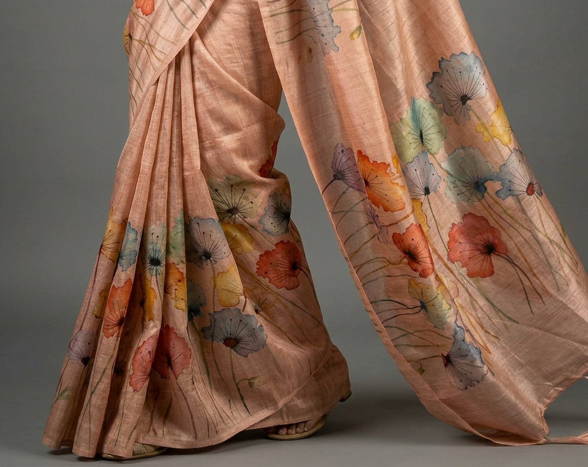 Pastel Peach Floral Whisper Hand-Painted Pure Tussar Silk Saree