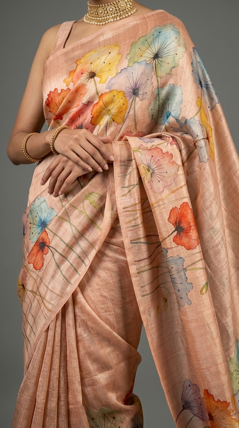 Pastel Peach Floral Whisper Hand-Painted Pure Tussar Silk Saree