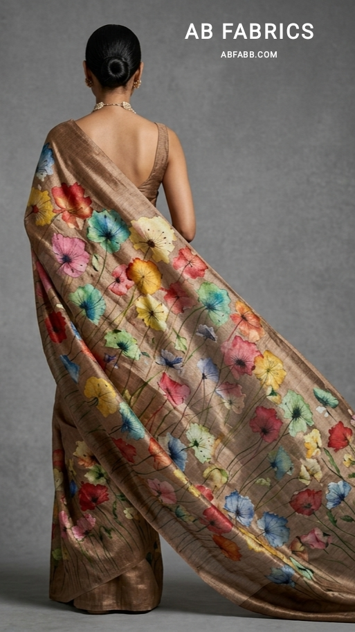 Coffee Brown Blossom Garden Hand-Painted Pure Tussar Silk Saree