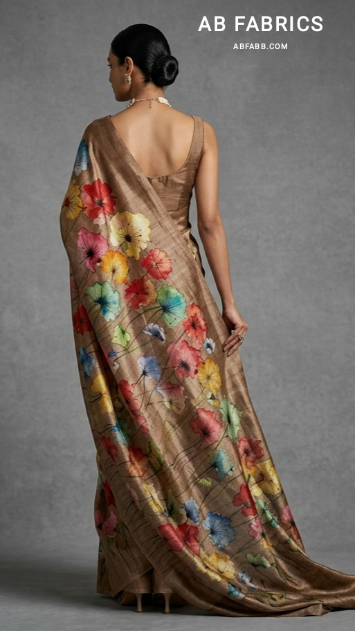 Coffee Brown Blossom Garden Hand-Painted Pure Tussar Silk Saree