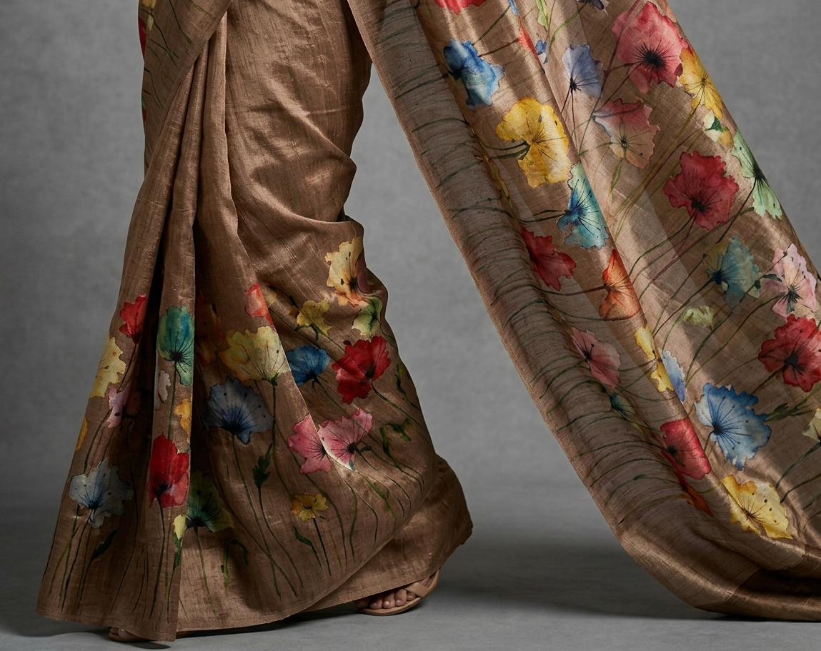 Coffee Brown Blossom Garden Hand-Painted Pure Tussar Silk Saree