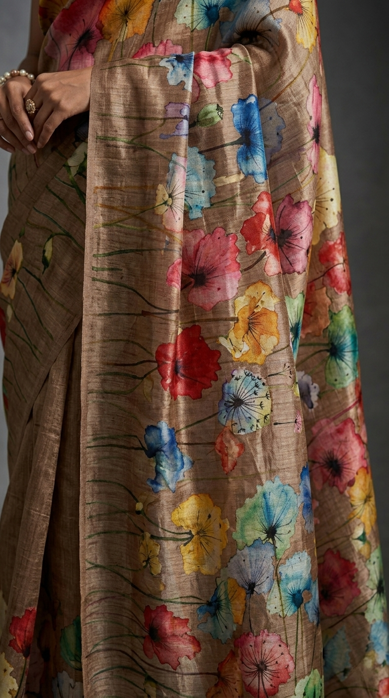 Coffee Brown Blossom Garden Hand-Painted Pure Tussar Silk Saree