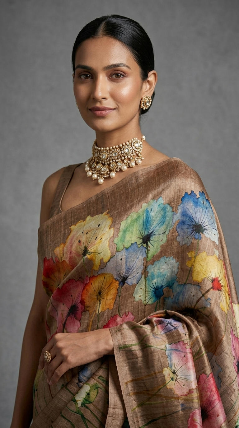 Coffee Brown Blossom Garden Hand-Painted Pure Tussar Silk Saree